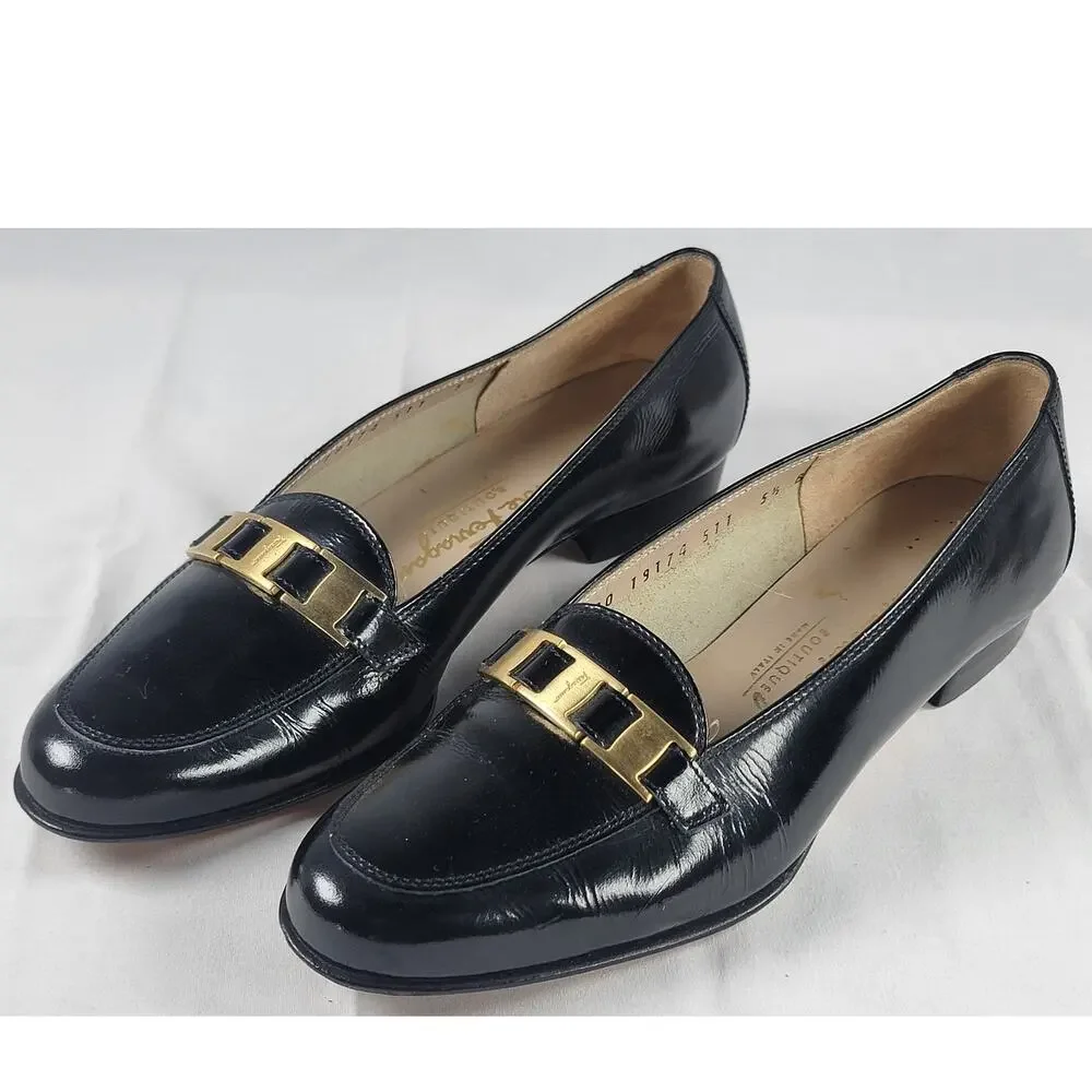 Vintage Salvatore Ferragamo Black Leather Gancini Loafers 5.5 Italy